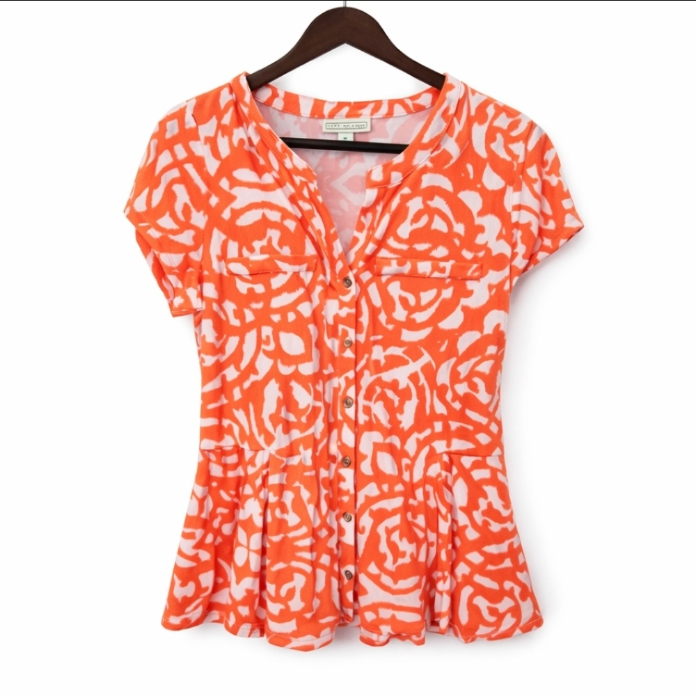 Dana Buchman Coral Poly Spandex Blend Ornamental Medallion Peplum Top Sz Med
